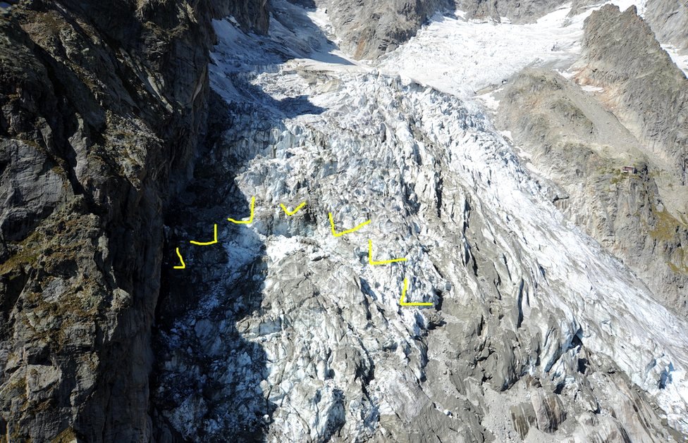 Autoridades del municipio italiano de Courmayeur destacaron en amarillo el área del glaciar que está en peligro de colapsar.