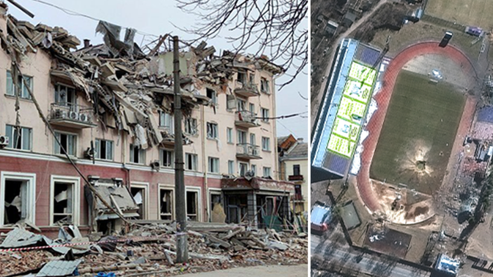 Foto del Hotel Ucrania destruido al lado de la imagen satelital del estadio de Chernihiv con un gran cráter de bomba en la cancha