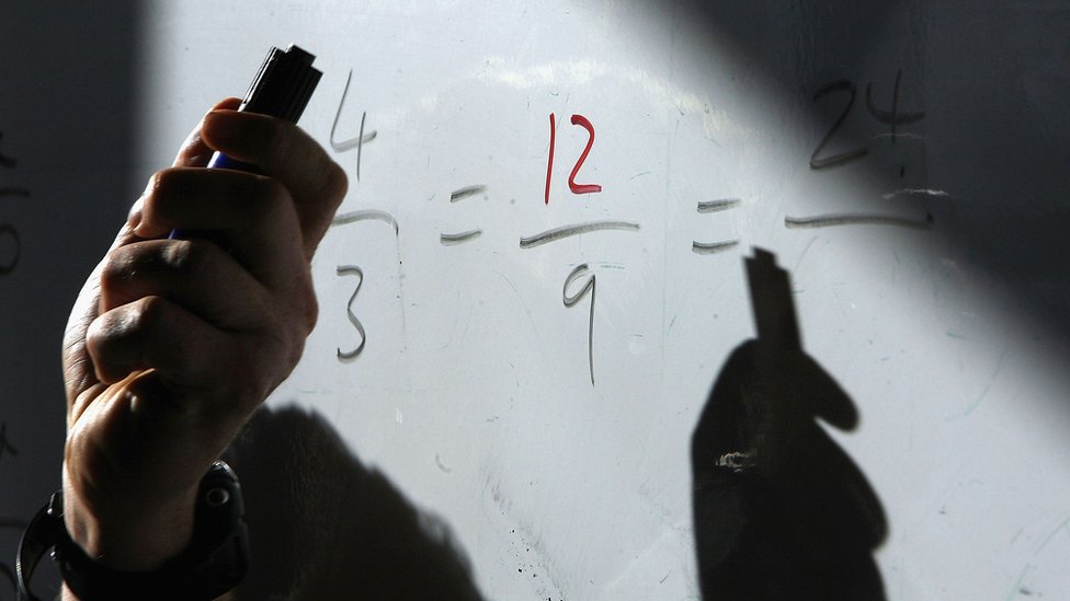 Mano de profesor escribiendo en una pizarra.