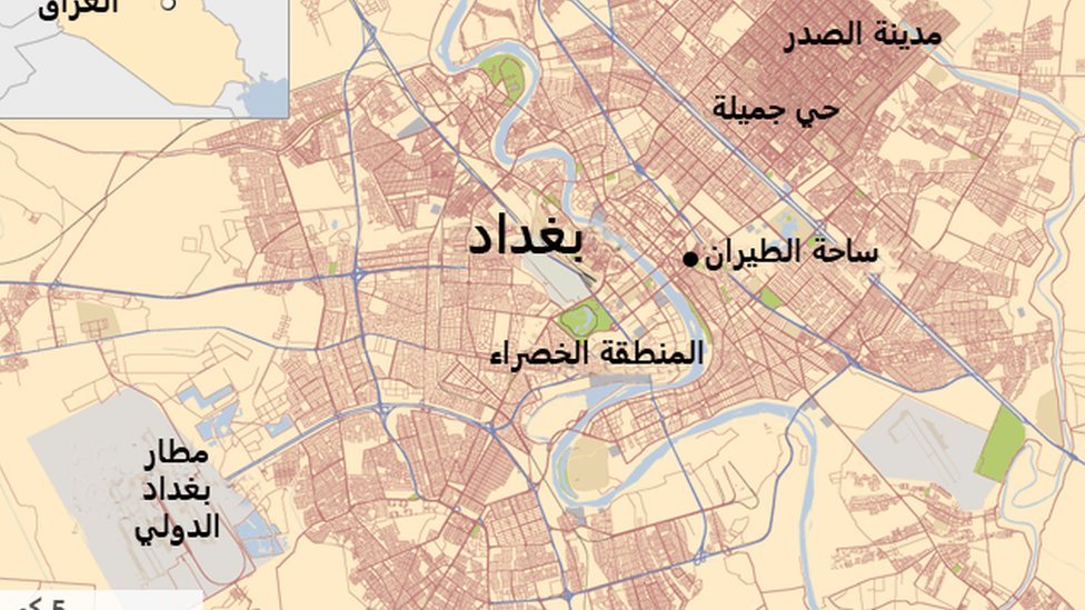 خريطة تظهر موقع الهجوم في ساحة الطيران ببغداد