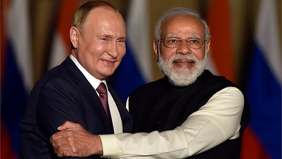 Prime Minister Narendra Modi with Russian President Vladimir Putin prior to their delegation meeting at Hyderabad House, on December 6, 2021 in New Delhi, India