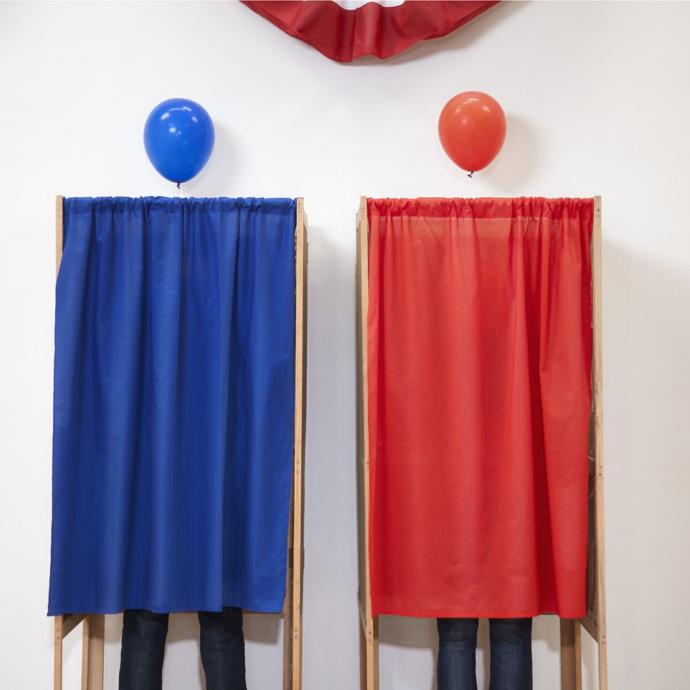 Voters in red and blue boxes