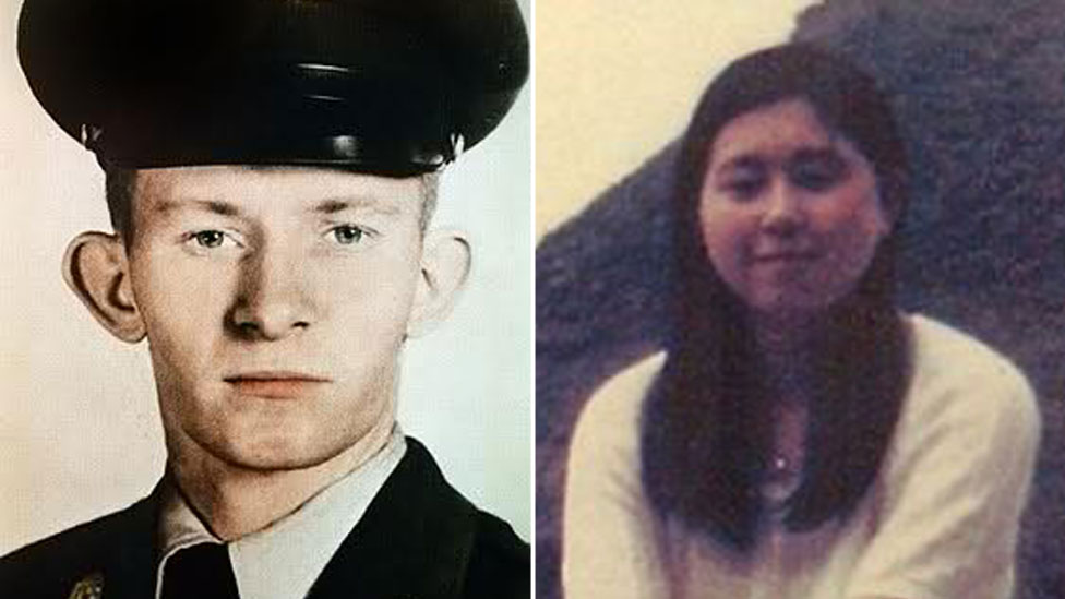 Составное изображение, на котором Чарльз Дженкинс в образе молодого солдата армии США и его жена-японка Хитоми Сога в возрасте 17 лет
