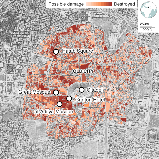 Map showing damage levels in Aleppo's Old City