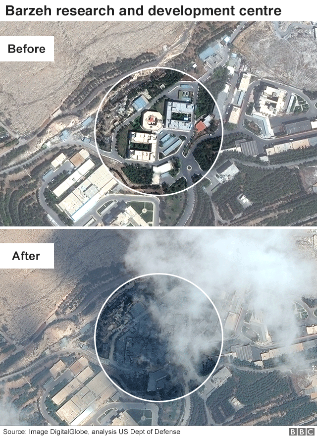 Снимки с воздуха до и после удара исследовательского центра Barzeh в Дамаске, Сирия, демонстрирующие разрушения, 15 апреля 2018 г.