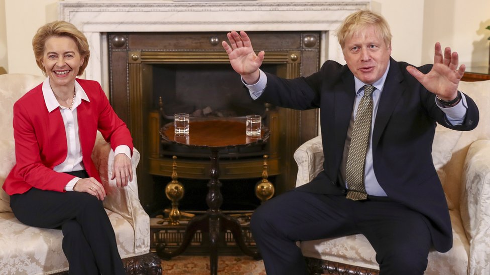 Премьер-министр Борис Джонсон (справа) и президент Европейской комиссии Урсула фон дер Ляйен встречаются на Даунинг-стрит, 10 в Лондоне, Великобритания, 8 января 2020 года