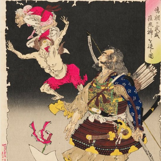 Desenho de Tsukuoka Yoshitoshi, 1890 retratando demônio atacando sumarai
