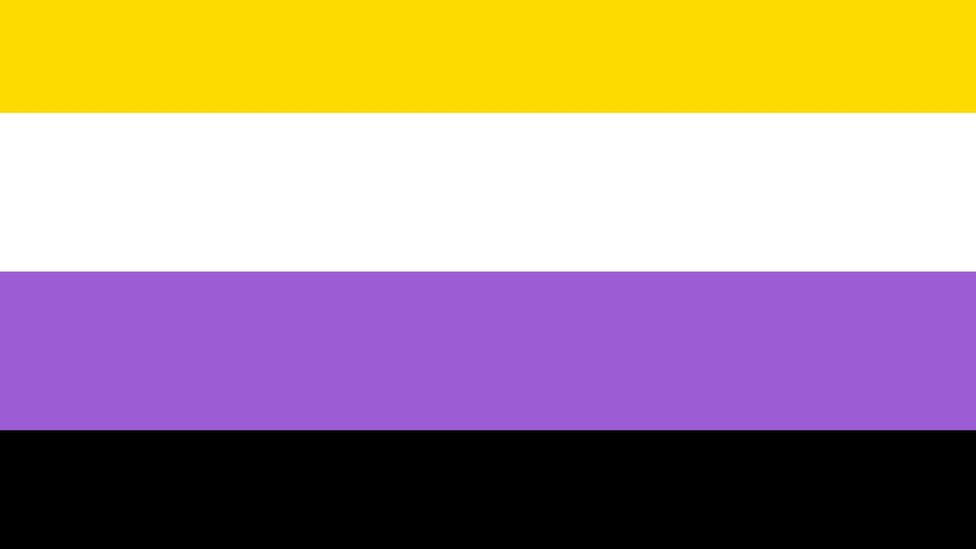 The black, yellow, white and purple non-binary flag