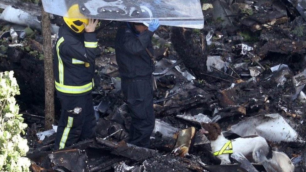 Los bomberos también están empleando perros entrenados para la búsqueda de posibles personas atrapadas. Bomberos buscan a víctimas con un perro