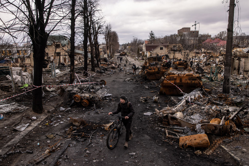 Una imagen de la ciudad ucraniana de Bucha, escenario de ferocez combates entre Rusia y Ucrania