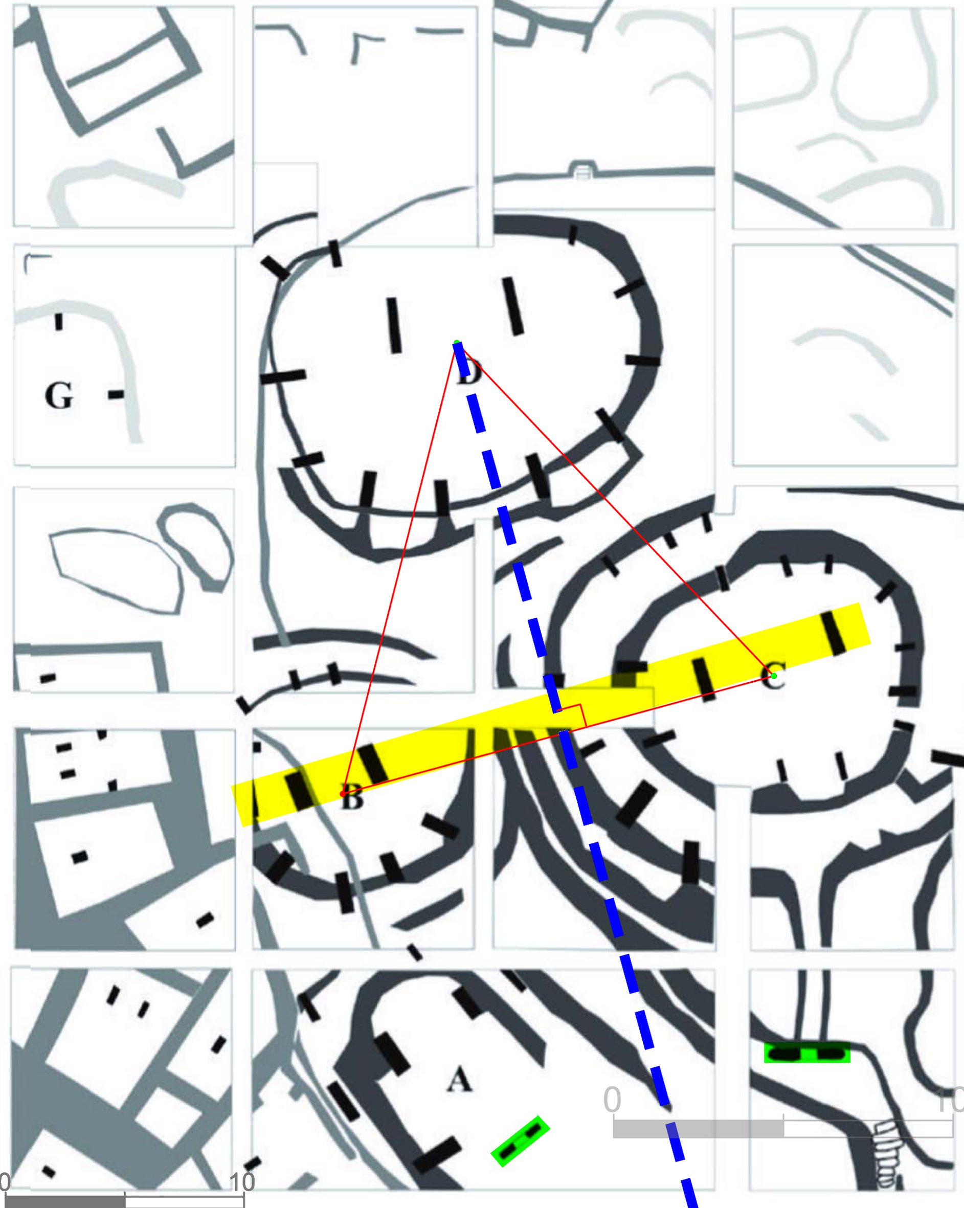 Patrón geométrico subrayando la planificación arquitectónica de un complejo en Göbekli Tepe. Un diagrama superpuesto sobre el plan esquemático.