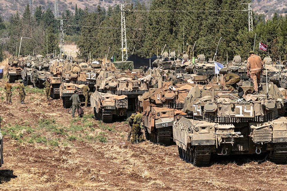 Israeli tanks at an undisclosed location in northern Israel last week