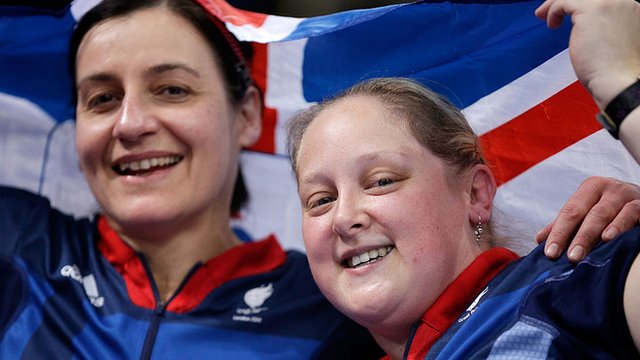Jane Campbell and Sara Head of Great Britain celebrate after winning bronze in the Women's Team Table Tennis at the London 2012 Paralympic Games.