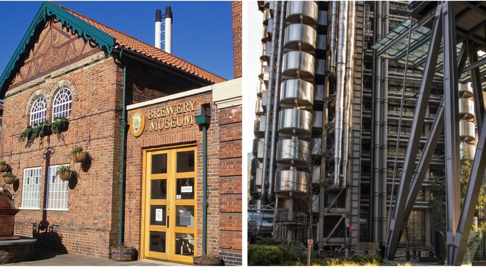 Музей пивоварения Грина Кинга в Бери-Сент-Эдмундс, Великобритания, и территория вокруг здания Ллойда в Лондоне.