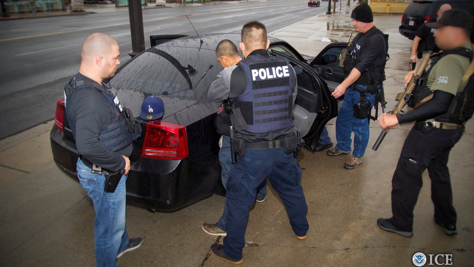 Сотрудники иммиграционной и таможенной полиции США задерживают подозреваемого в Лос-Анджелесе