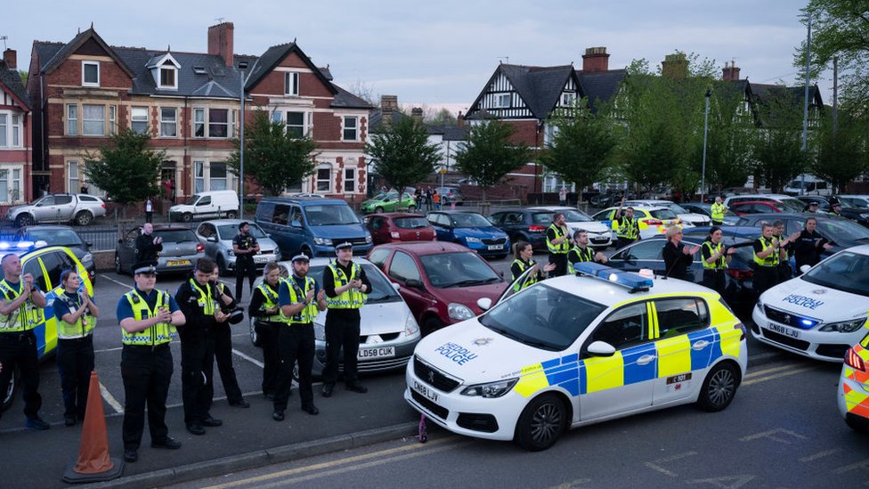 A general view as the police force claps NHS workers clap at the Royal Gwent Hospital