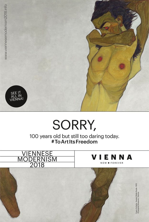 Lo puedes ver todo en Viena. "Desnudo de hombre sentado" en el poster de la campaña. © WienTourismus-Wien Nord Poster de la campaña del Modernismo Vienés