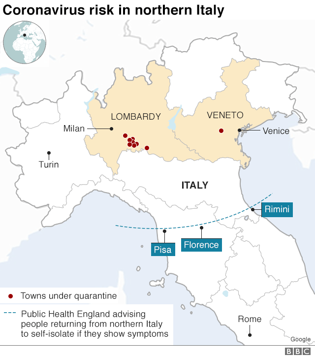 Карта, показывающая районы северной Италии, затронутые коронавирусом