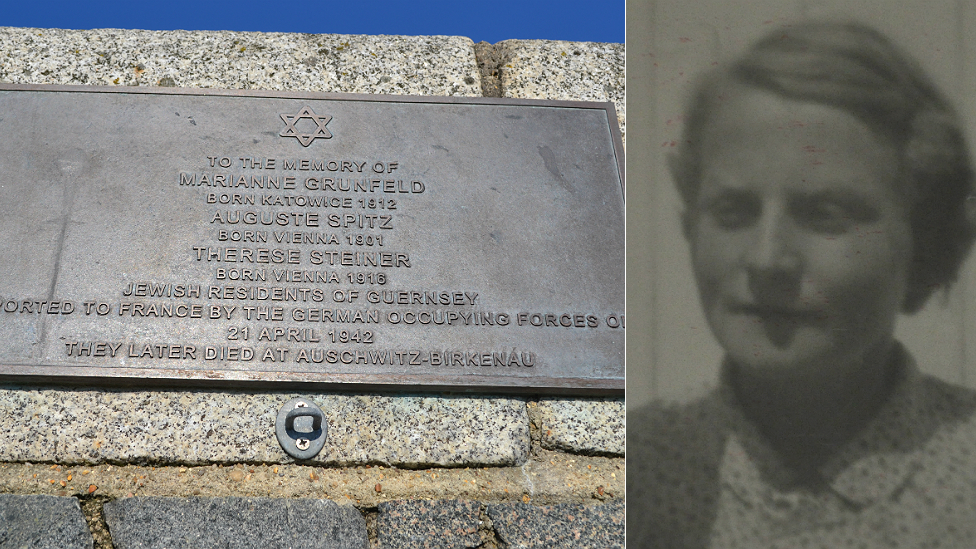 Мемориальная доска жертвам Холокоста на Гернси и фотография Марианны Грюнфельд с ее родословной