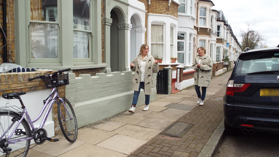 Sue chats to herself while walking down the road (montage)