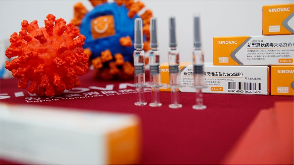 A display shows vaccine products of Sinovac Biotech during a government-organized media tour showcasing the company"s development of a coronavirus disease (COVID-19) vaccine candidate in Beijing, China, September 24, 2020.