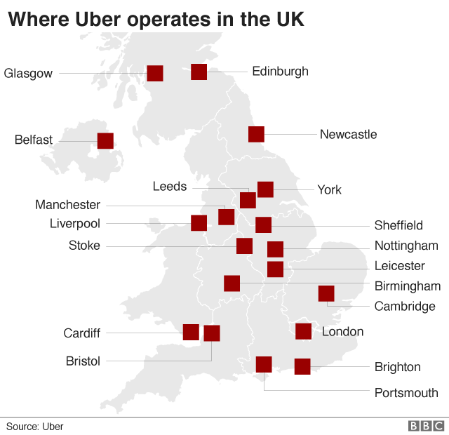 Карта местоположений Uber в Великобритании