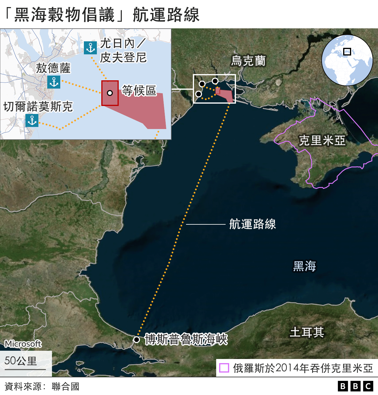 衛星地圖：「黑海穀物倡議」航運路線