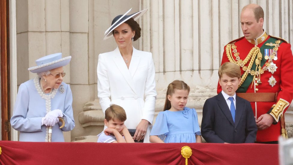 The Queen, Prince Louis, the Duchess of Cambridge, Princess Charlotte, Prince George and the Duke of Cambridge