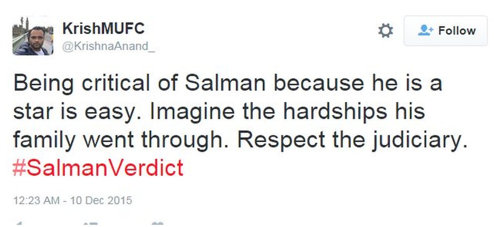 Критиковать Салмана, потому что он звезда, легко. Представьте себе, через какие трудности прошла его семья. Уважайте судебную власть. #SalmanVerdict