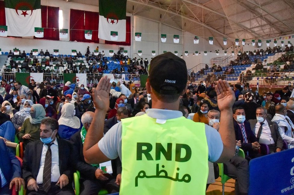Supporters of the Algerian Democratic National Rally (RND) political party rally in October 2020.