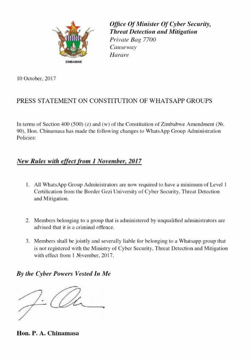Esta carta falsa parodiando el nombramiento del "ministro de WhatsApp" se hizo viral en horas. Carta parodiando nombramiento