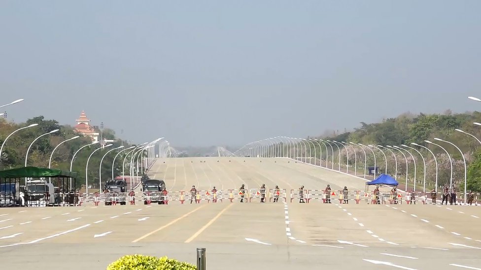 A blockaded road in Naypyidaw, the capital