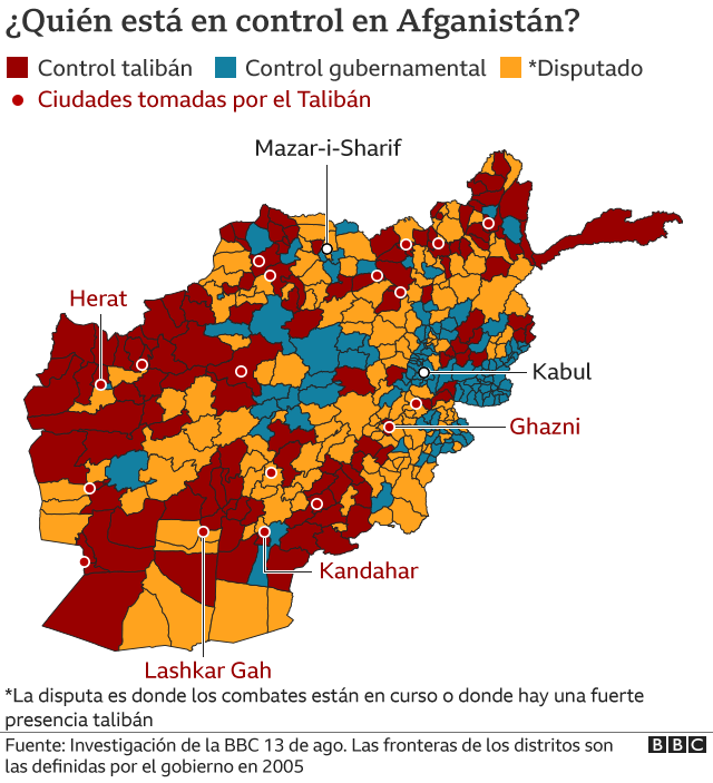 Mapa de Afganistán con las áreas controladas por el Talibán