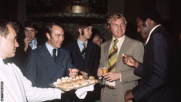 Jimmy Greaves (third left), Bobby Moore (second right) and Clyde Best (right)