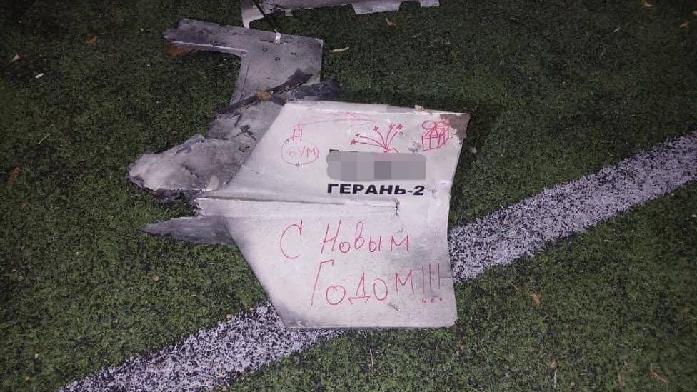 Ukrainian authorities have shown a picture of a Russian drone with a caption in Russian "Happy New Year".