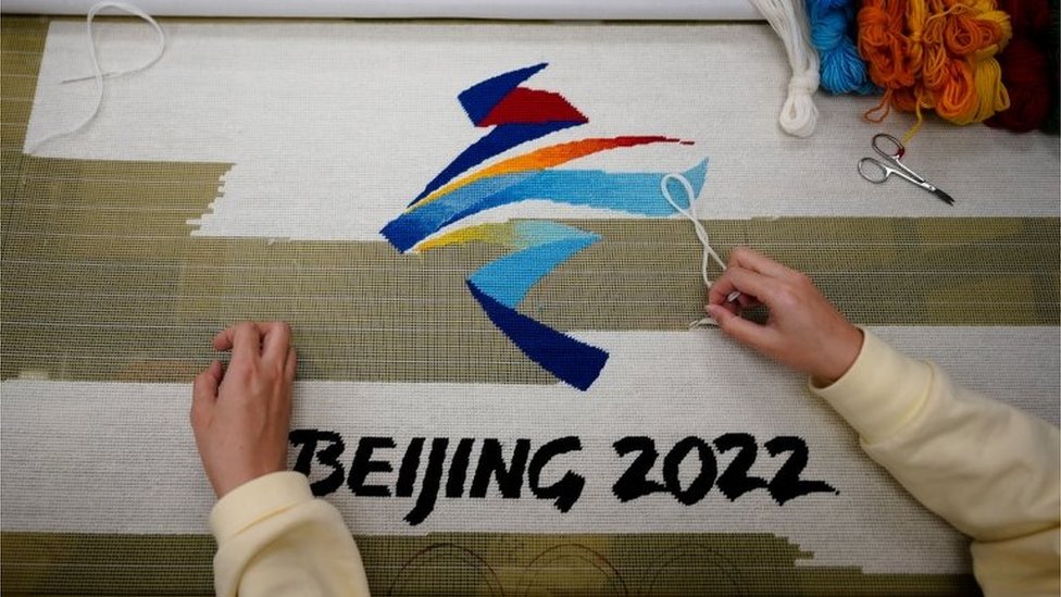 The Beijing Olympics 22 logo stitched as a piece of embroidery