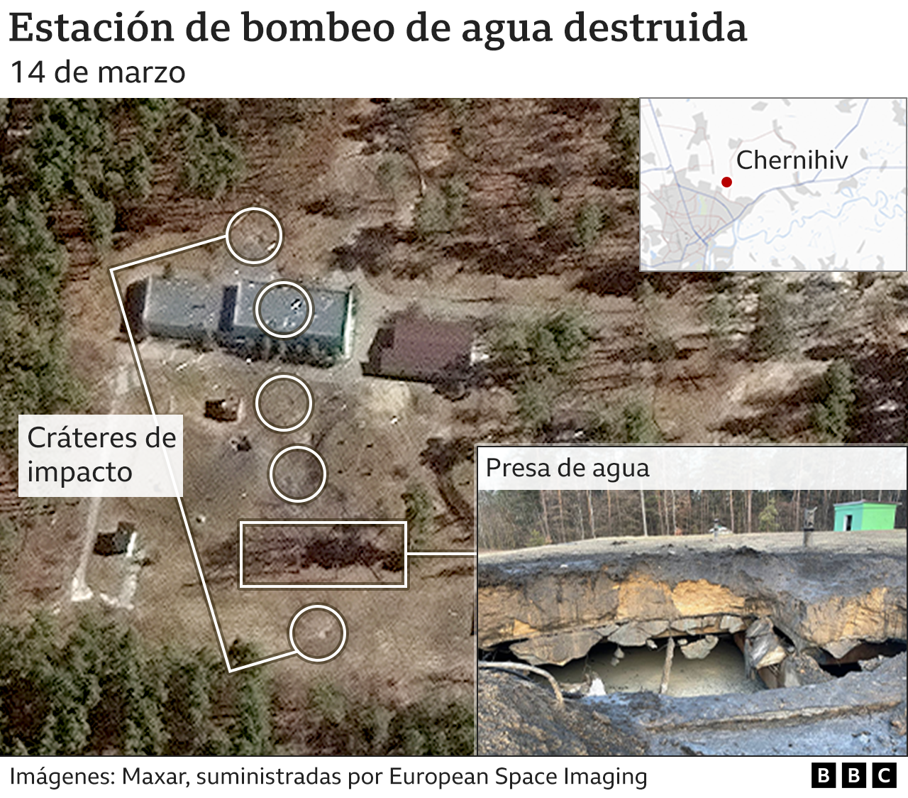 Imagen satelital muestra destrucción de estación de bombeo de agua