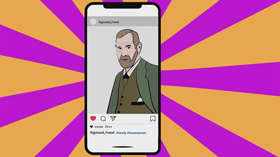 Freud en Instagram en teléfono móvil dibujo