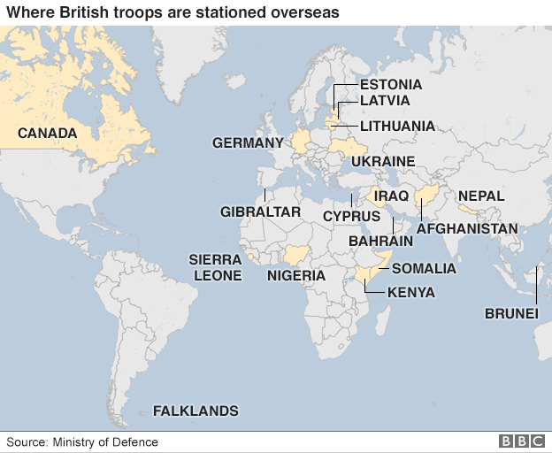 Карта, показывающая некоторые из основных стран, где британские войска размещены за границей