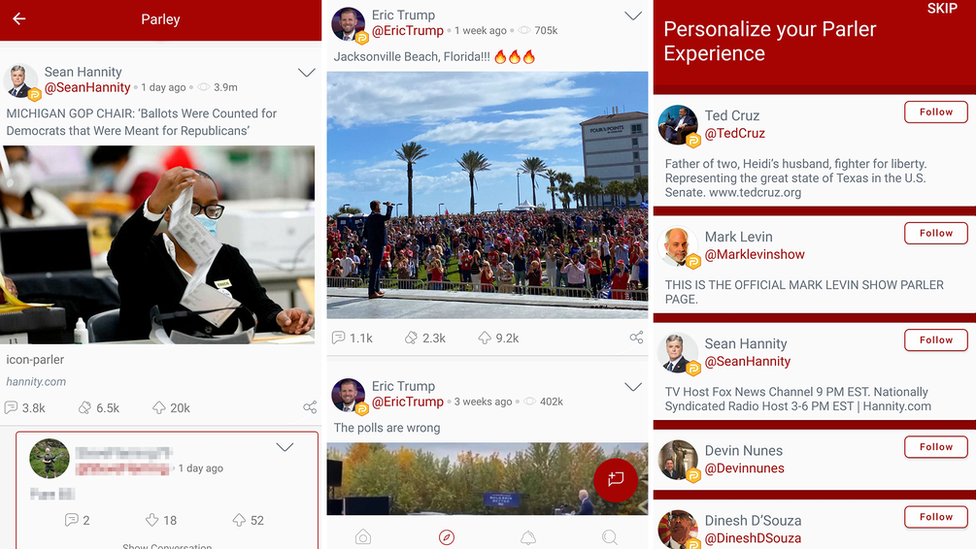 Screenshots taken from the Parler app