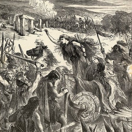 Dibujo en blanco y negro de Boudica rebelándose contra los romanos.