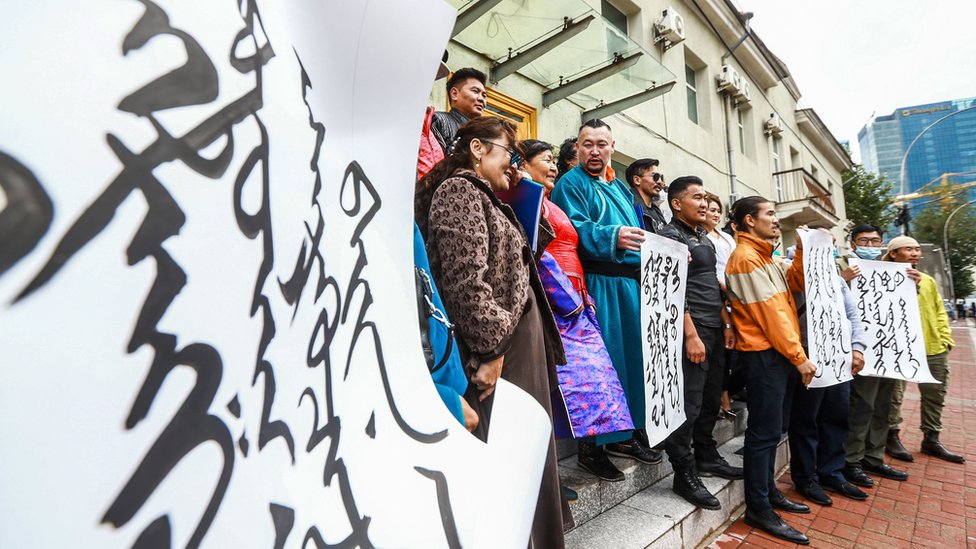 Протестующие демонстрируют свою поддержку в соседней Монголии