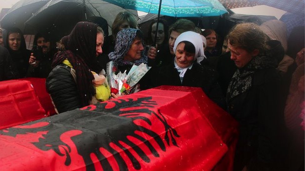 Many of the missing are reburied after being identified - here, the remains of 25 ethnic Albanians found in the village of Rudnica, reburied in 2015