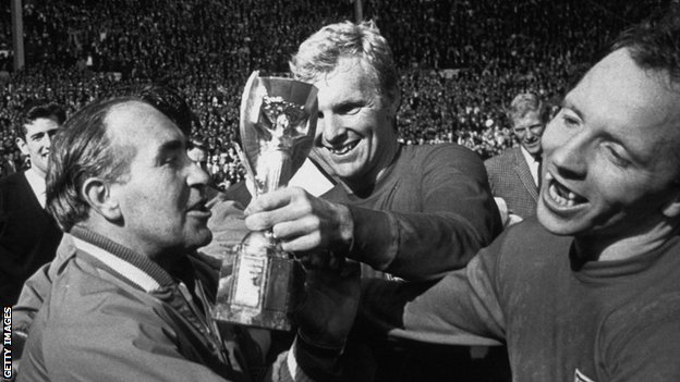 Sir Alf Ramsey, Bobby Moore and Nobby Stiles celebrate World Cup victory