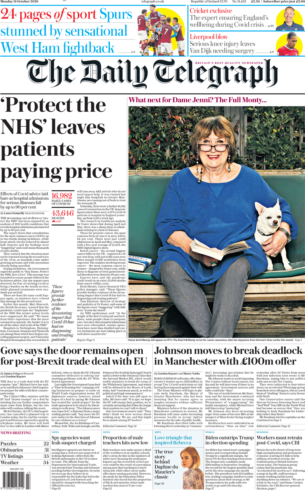 The Daily Telegraph front page 19 October