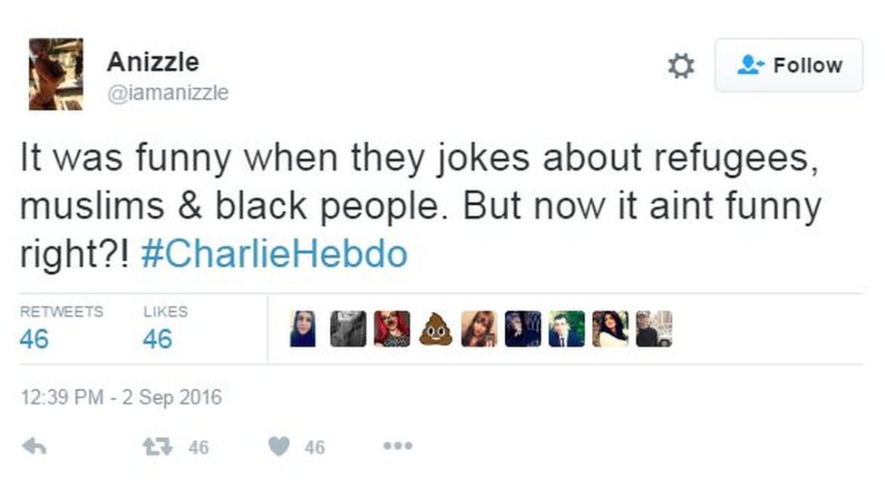 Было забавно, когда они шутят про беженцев, мусульман и чернокожих. Но ведь это ведь не смешно ?! #CharlieHebdo