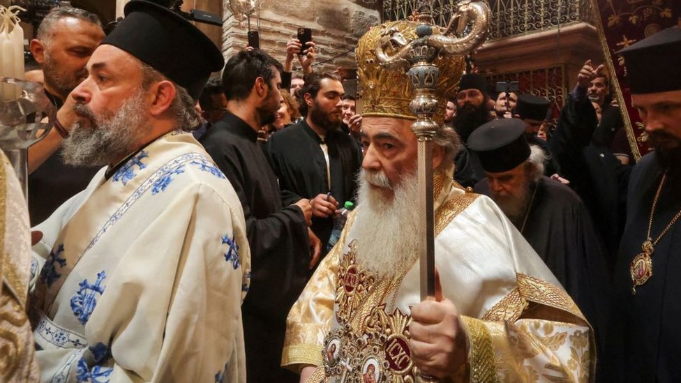 El patriarca de Jerusalén, Theofilos III, durante una celebración religiosa.
