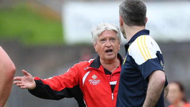 Derry boss Brian McIver remonstrates with Donegal counterpart Rory Gallagher