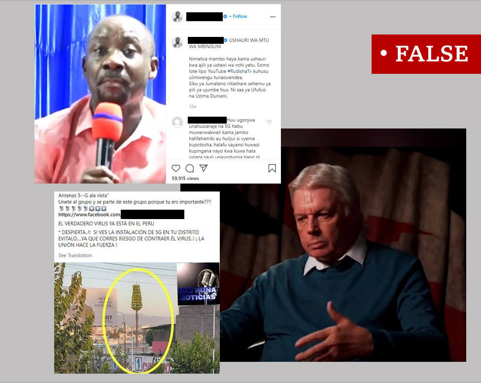 Три скриншота с пометкой «false». Изображение пастора из Танзании, говорящего о 5G и коронавирусе, Дэвида Айке и пост на испанском языке, продвигающий теорию заговора.