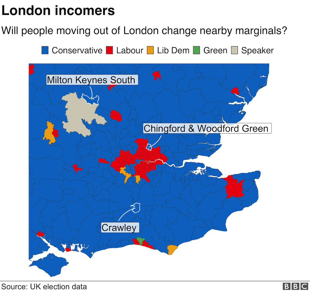 Карта районов за пределами Лондона, на которые могут повлиять люди, переезжающие из столицы